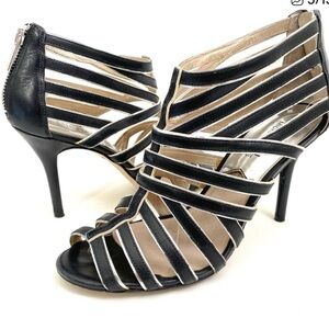 Michael Kors Strappy Booties Heels Stilettos 7.5 M Black Peep Toe Zip Up